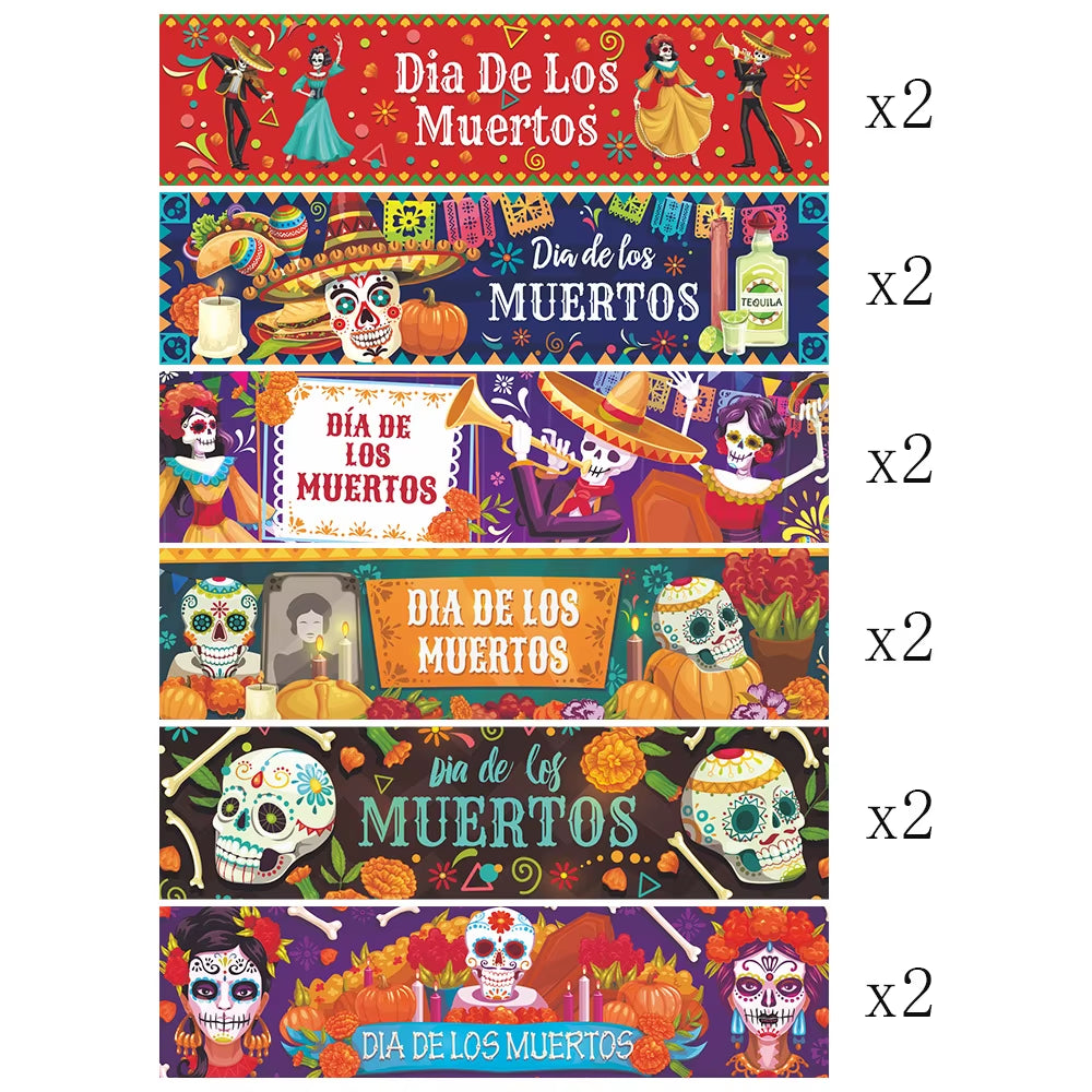 12Pcs Mexican Day of the Dead Theme Water Bottle Lable Skull Dia De Los Muertos Self-Adhesive Sticker for Halloween Party Decor