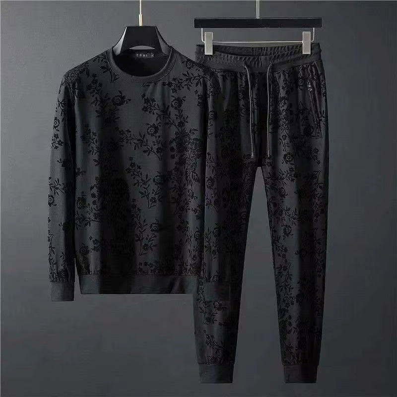 Spring Summer New Men Suits Simple Jacquard O-Neck Long Sleeve Thin T-Shirts and Pants Two Piece Set for Men'S Trendy Outfits