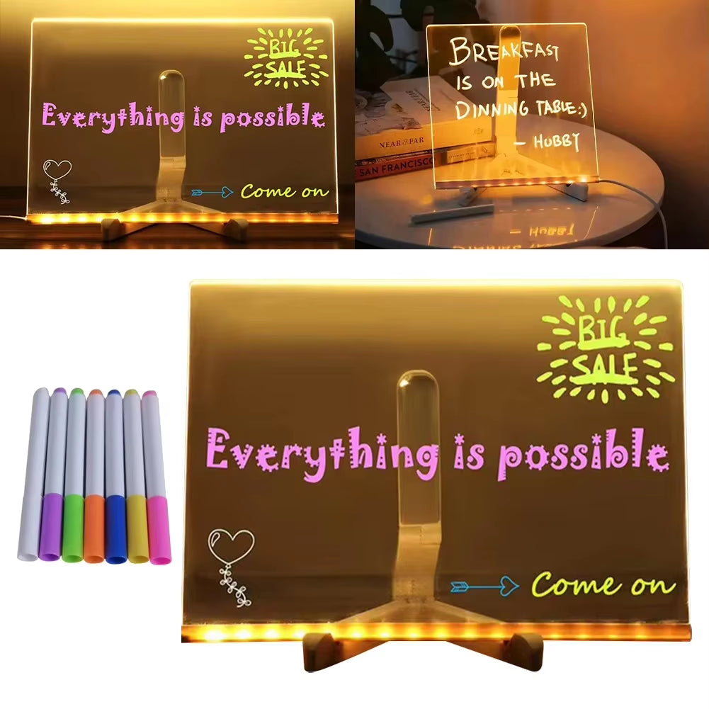 LED Note Board with 7 Colorful Pens Acrylic Dry Erase Board Erasable Neon Sign Clear Writing Board for Office School Home