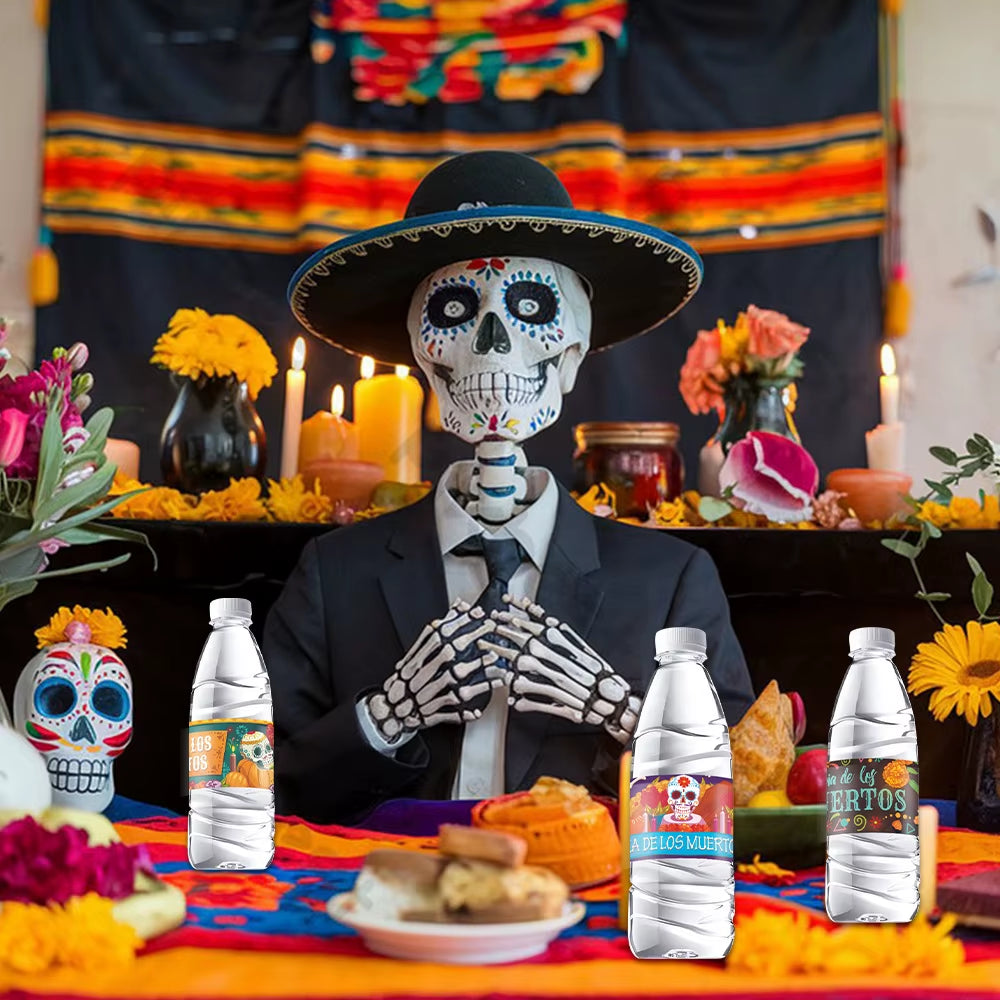 12Pcs Mexican Day of the Dead Theme Water Bottle Lable Skull Dia De Los Muertos Self-Adhesive Sticker for Halloween Party Decor