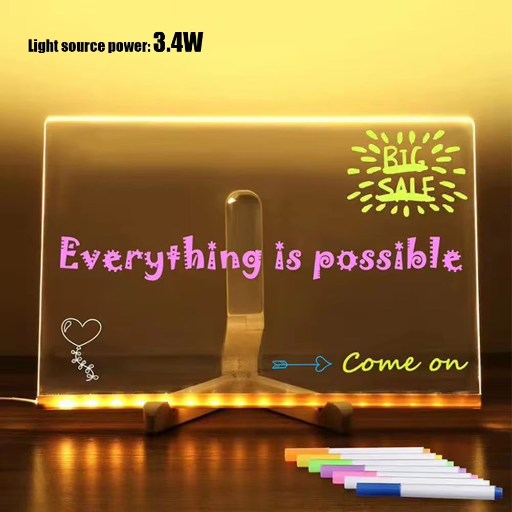 LED Note Board with 7 Colorful Pens Acrylic Dry Erase Board Erasable Neon Sign Clear Writing Board for Office School Home