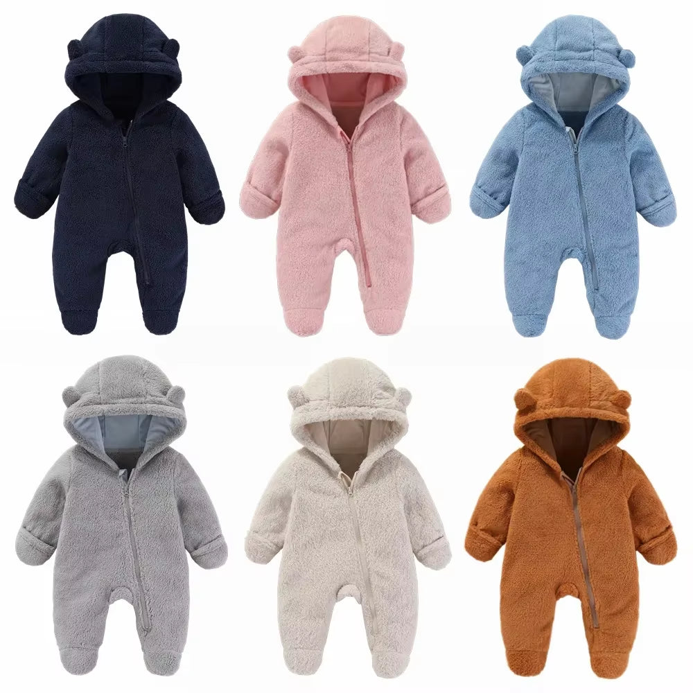 Newborn Baby Rompers with Ears Spring Soft Clothing for Babies Polar Fleece Infant Girl Oneies Cute Newborn Bodysuit 0-12 Months