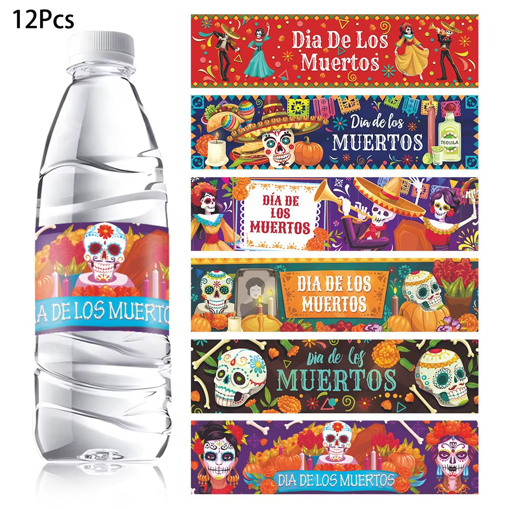 12Pcs Mexican Day of the Dead Theme Water Bottle Lable Skull Dia De Los Muertos Self-Adhesive Sticker for Halloween Party Decor