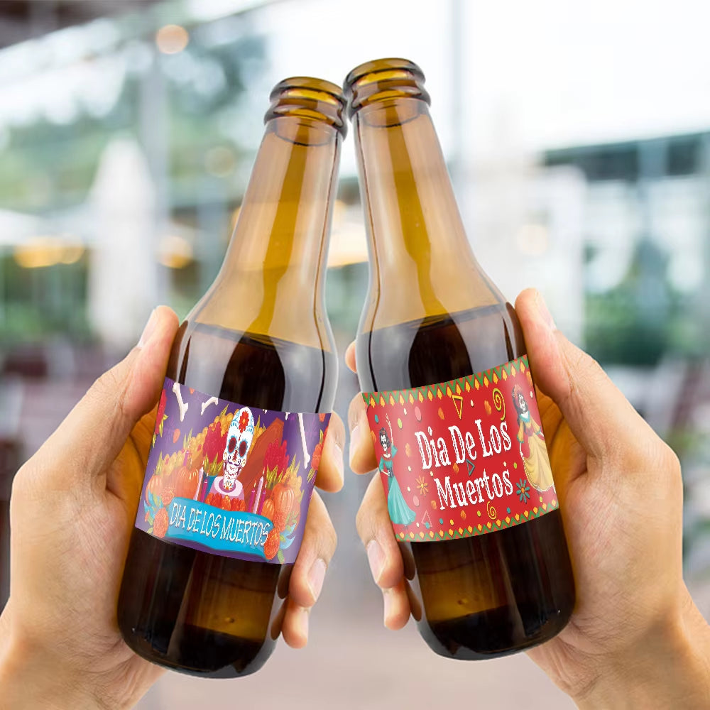 12Pcs Mexican Day of the Dead Theme Water Bottle Lable Skull Dia De Los Muertos Self-Adhesive Sticker for Halloween Party Decor