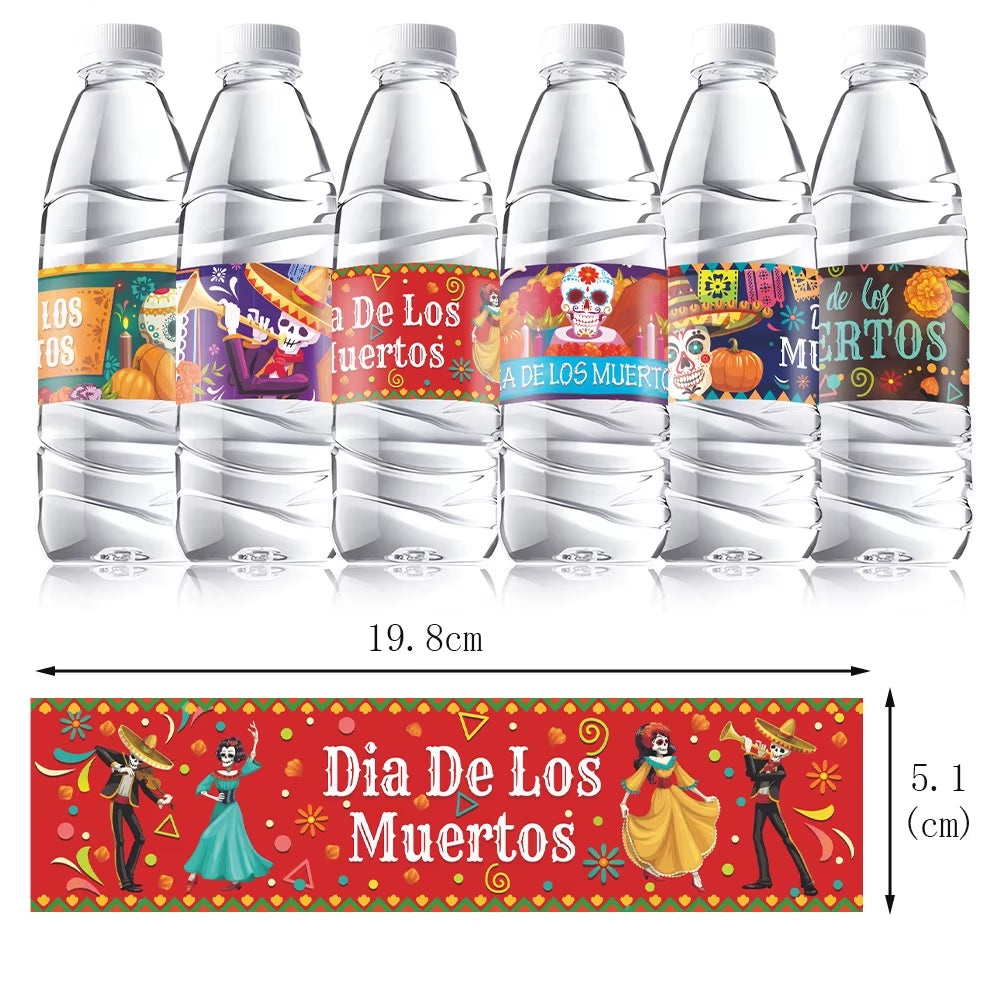 12Pcs Mexican Day of the Dead Theme Water Bottle Lable Skull Dia De Los Muertos Self-Adhesive Sticker for Halloween Party Decor