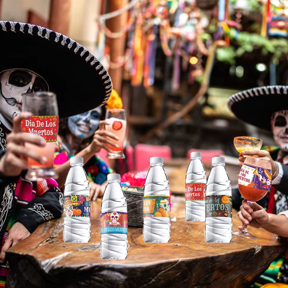 12Pcs Mexican Day of the Dead Theme Water Bottle Lable Skull Dia De Los Muertos Self-Adhesive Sticker for Halloween Party Decor