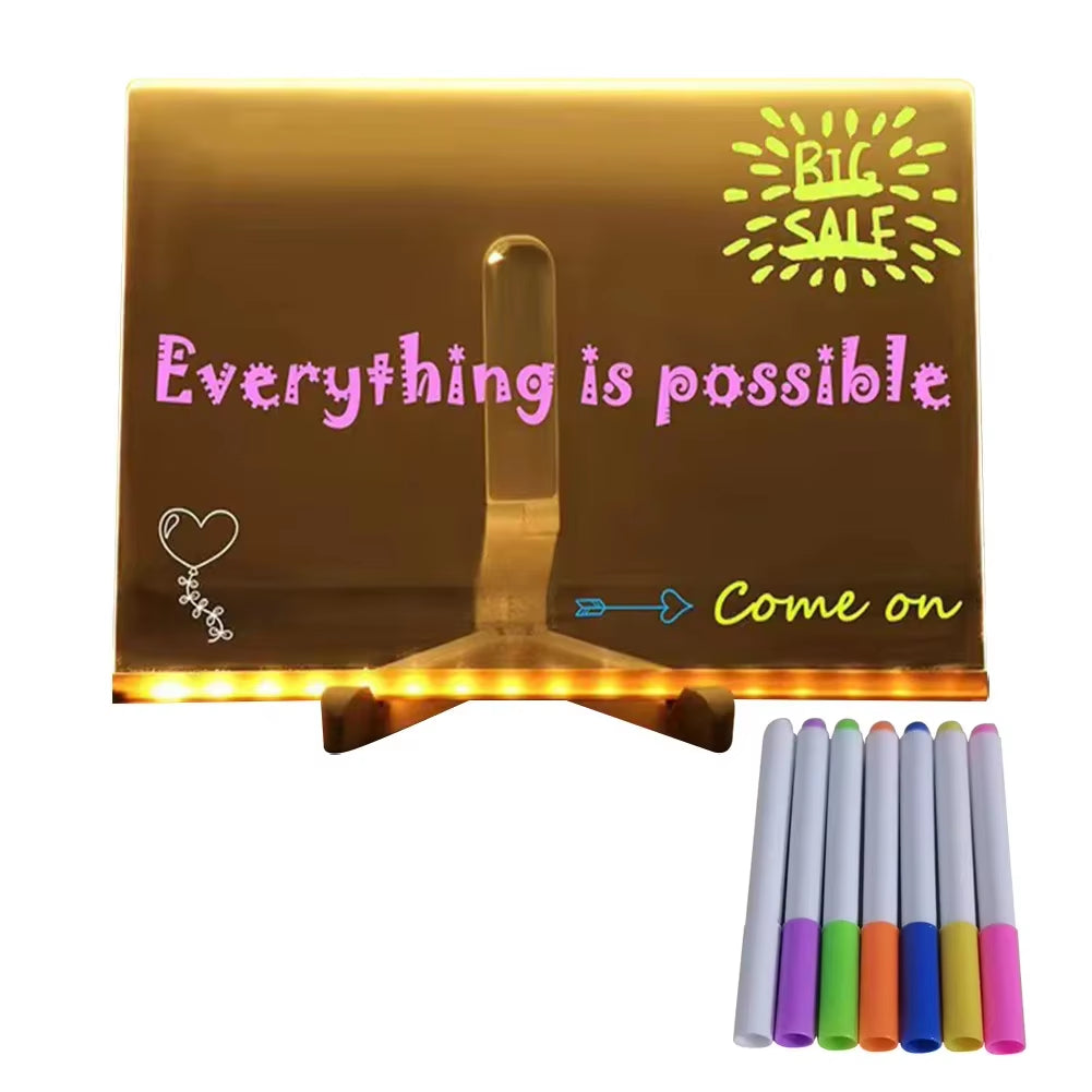 LED Note Board with 7 Colorful Pens Acrylic Dry Erase Board Erasable Neon Sign Clear Writing Board for Office School Home
